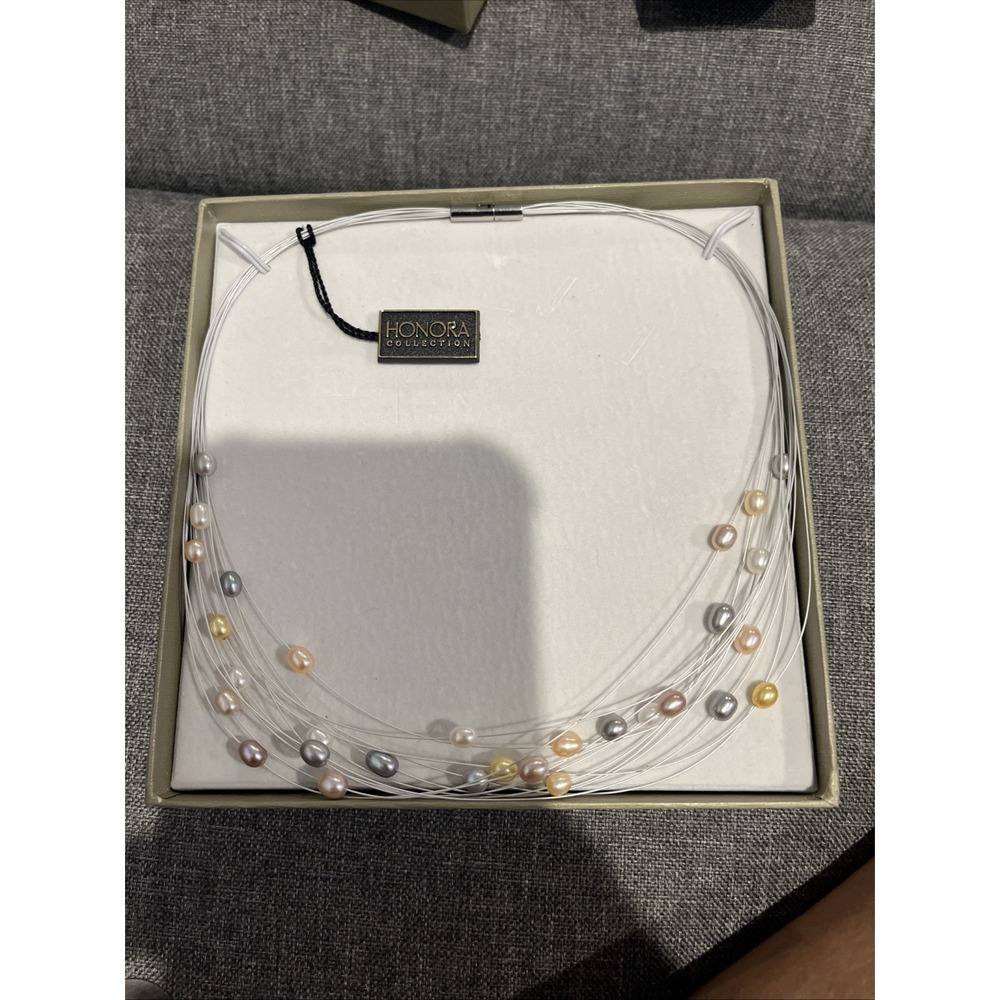 Honora Necklace Pearl Blue Illusion Wire Multi Color Gray Multi Strand Box